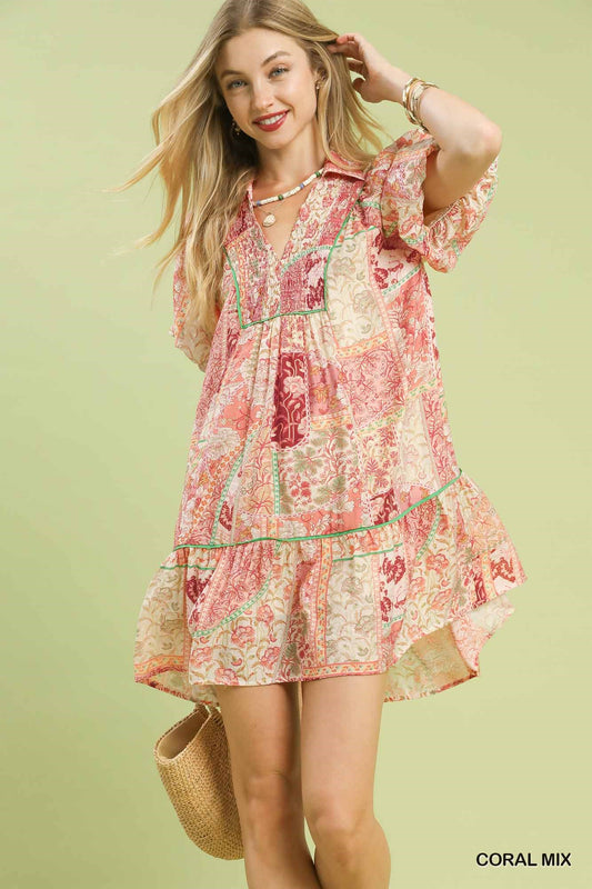 Boho Patchwork Ruffle Mini Dress
