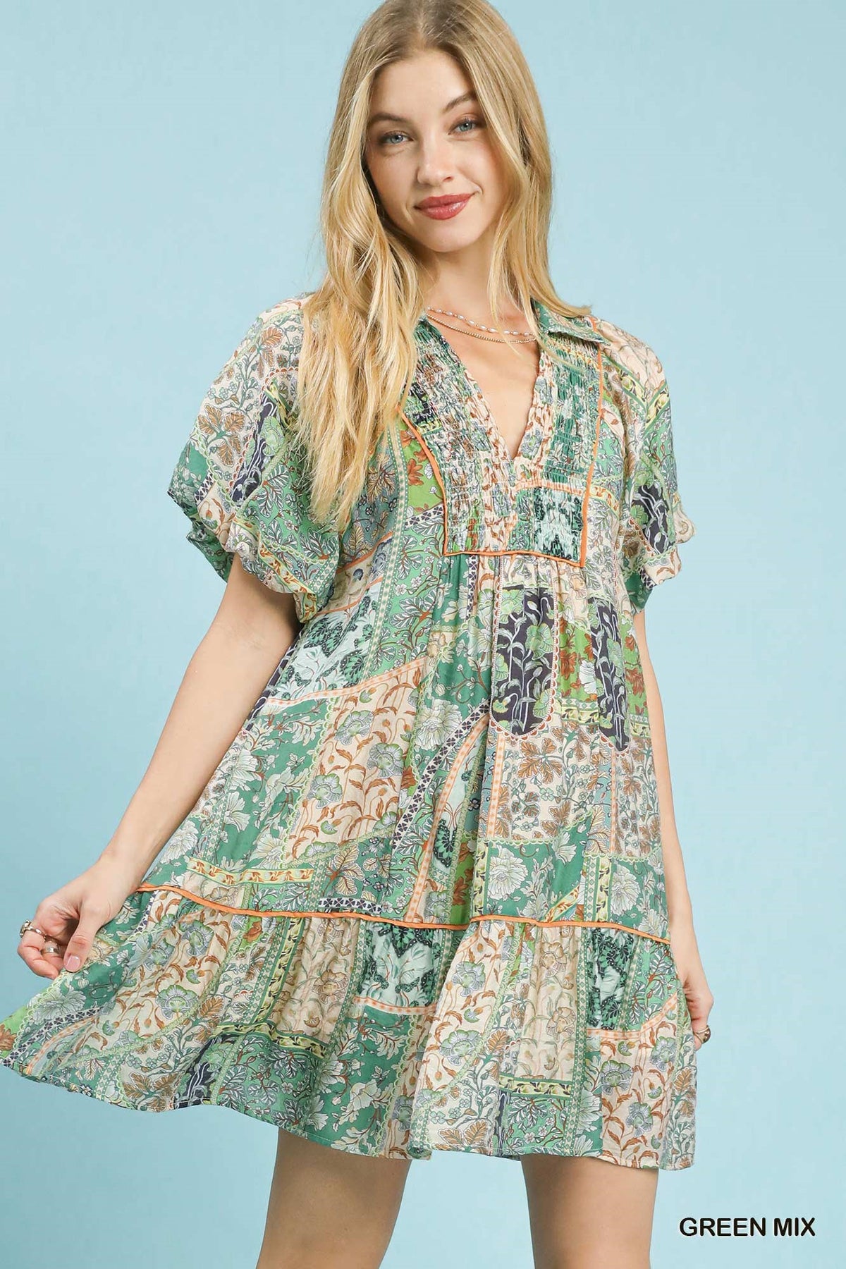 Boho Patchwork Ruffle Mini Dress