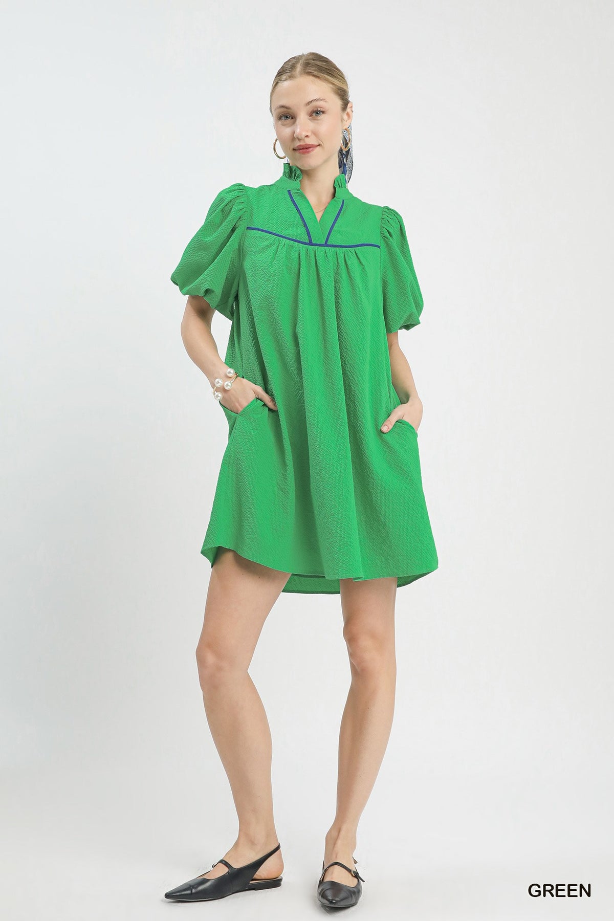 Seersucker Puff Sleeve Dress