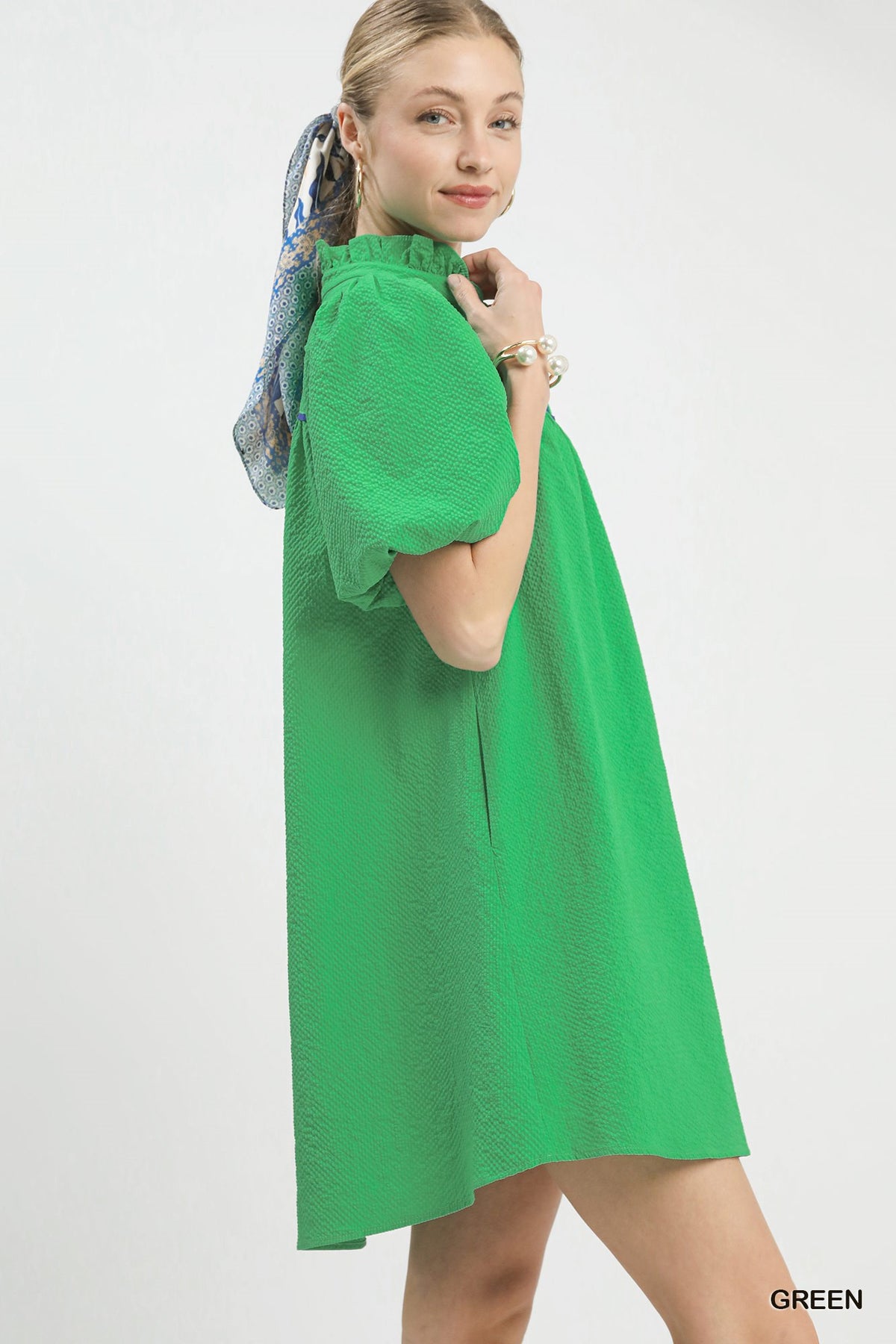 Seersucker Puff Sleeve Dress