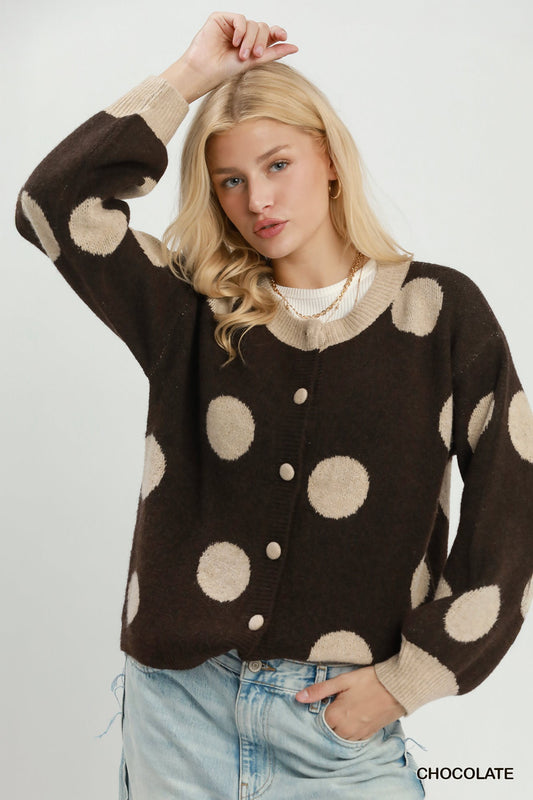 Polka Dot Button Down Knit Cardigan Sweater