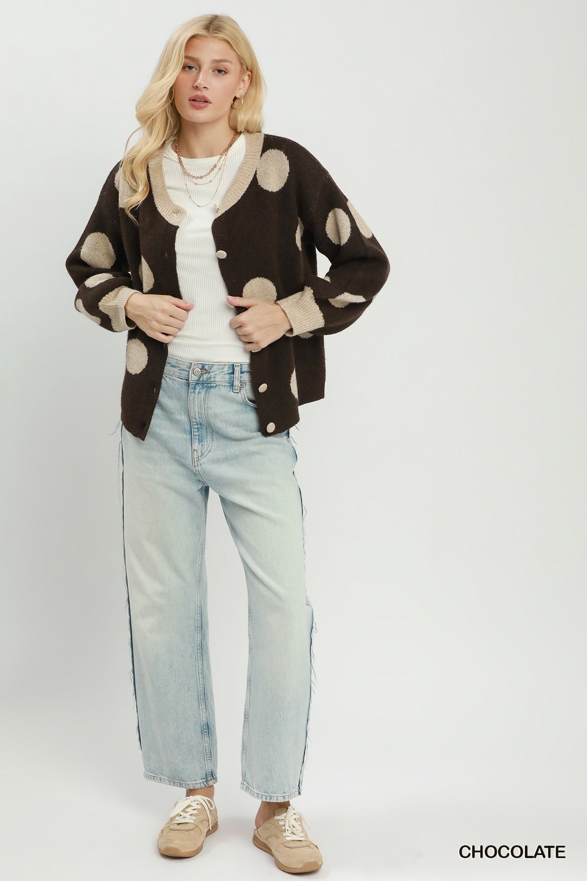 Polka Dot Button Down Knit Cardigan Sweater