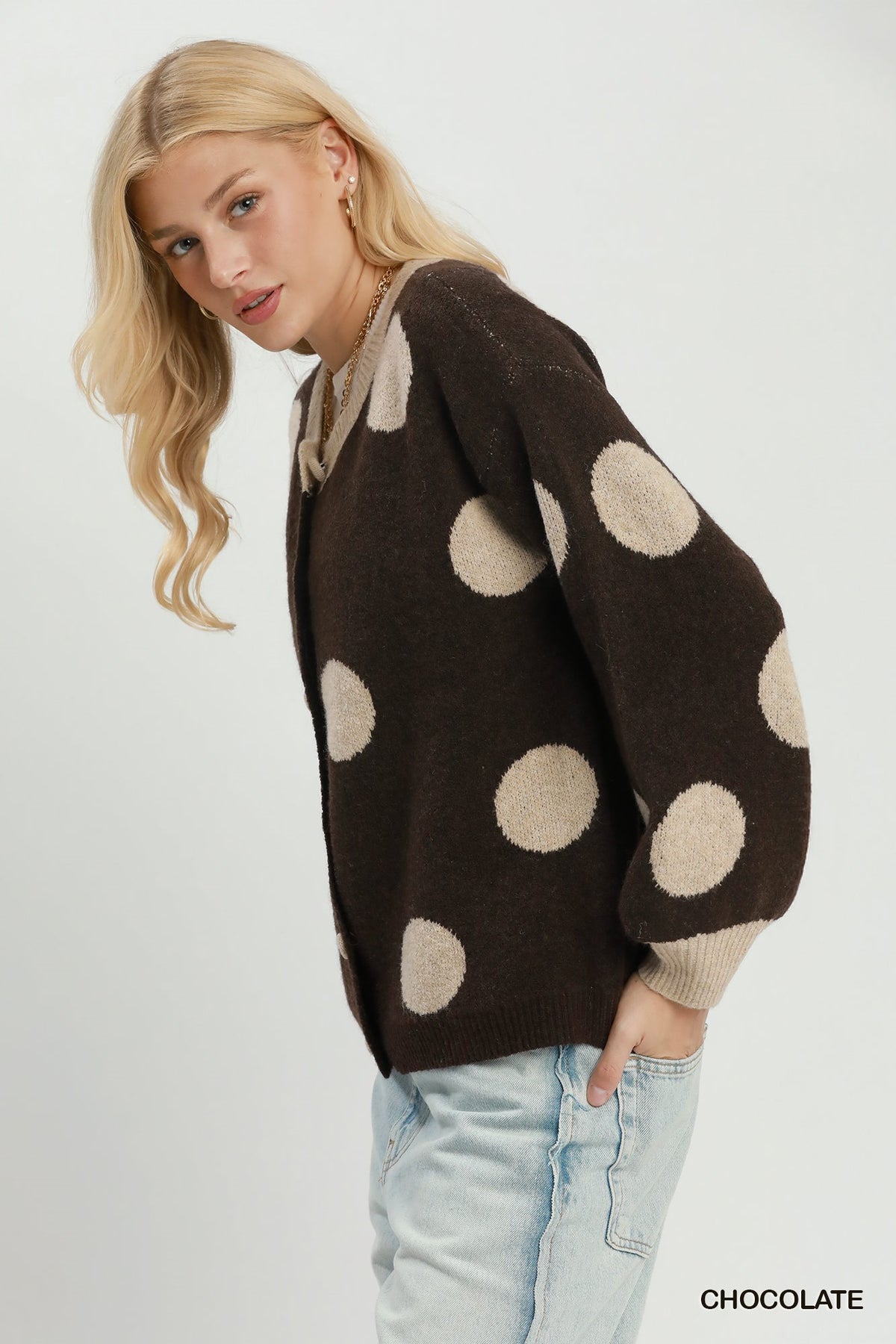Polka Dot Button Down Knit Cardigan Sweater