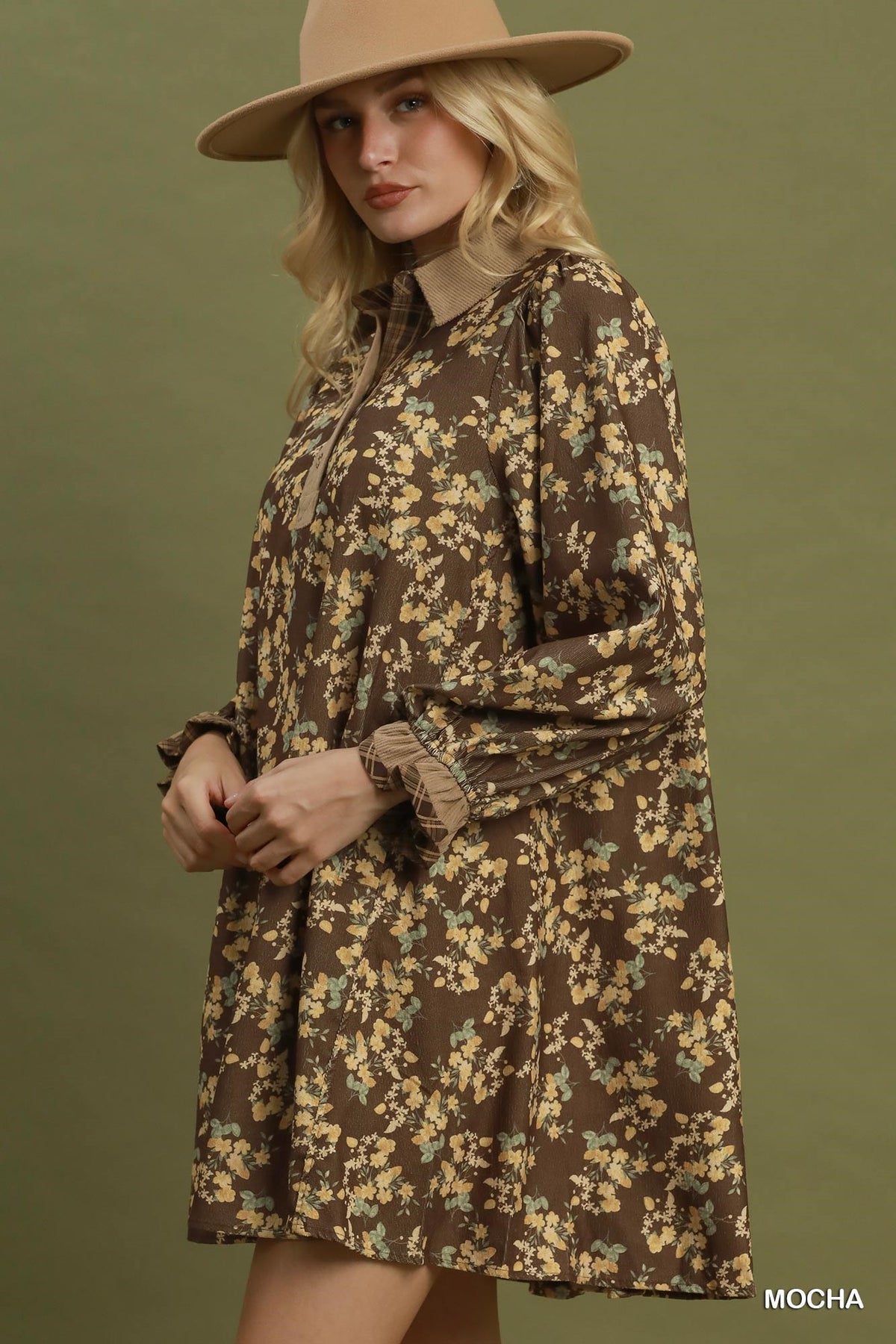 Corduroy Floral Print Collared Shift Dress