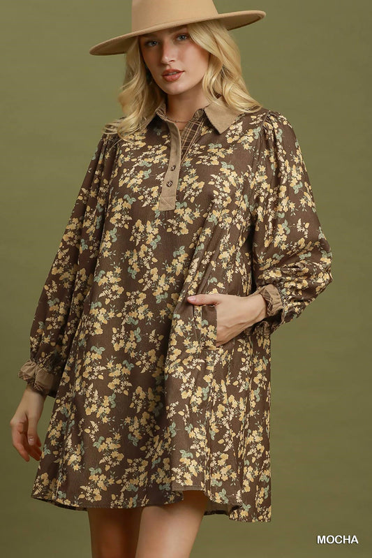 Corduroy Floral Print Collared Shift Dress