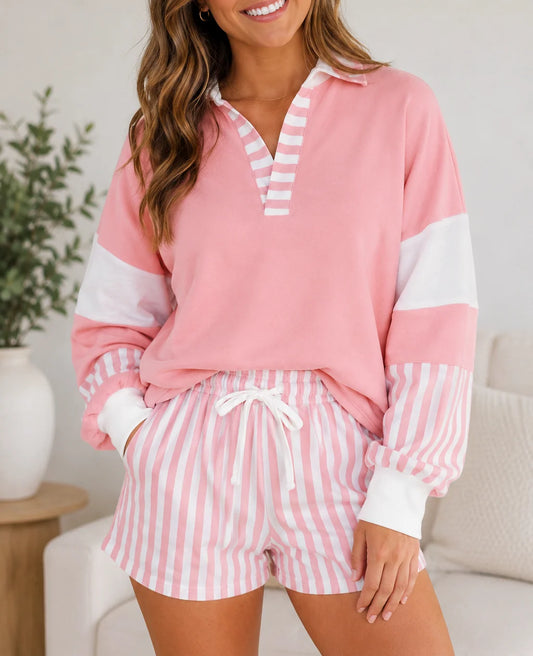 Pink Casual Striped Set